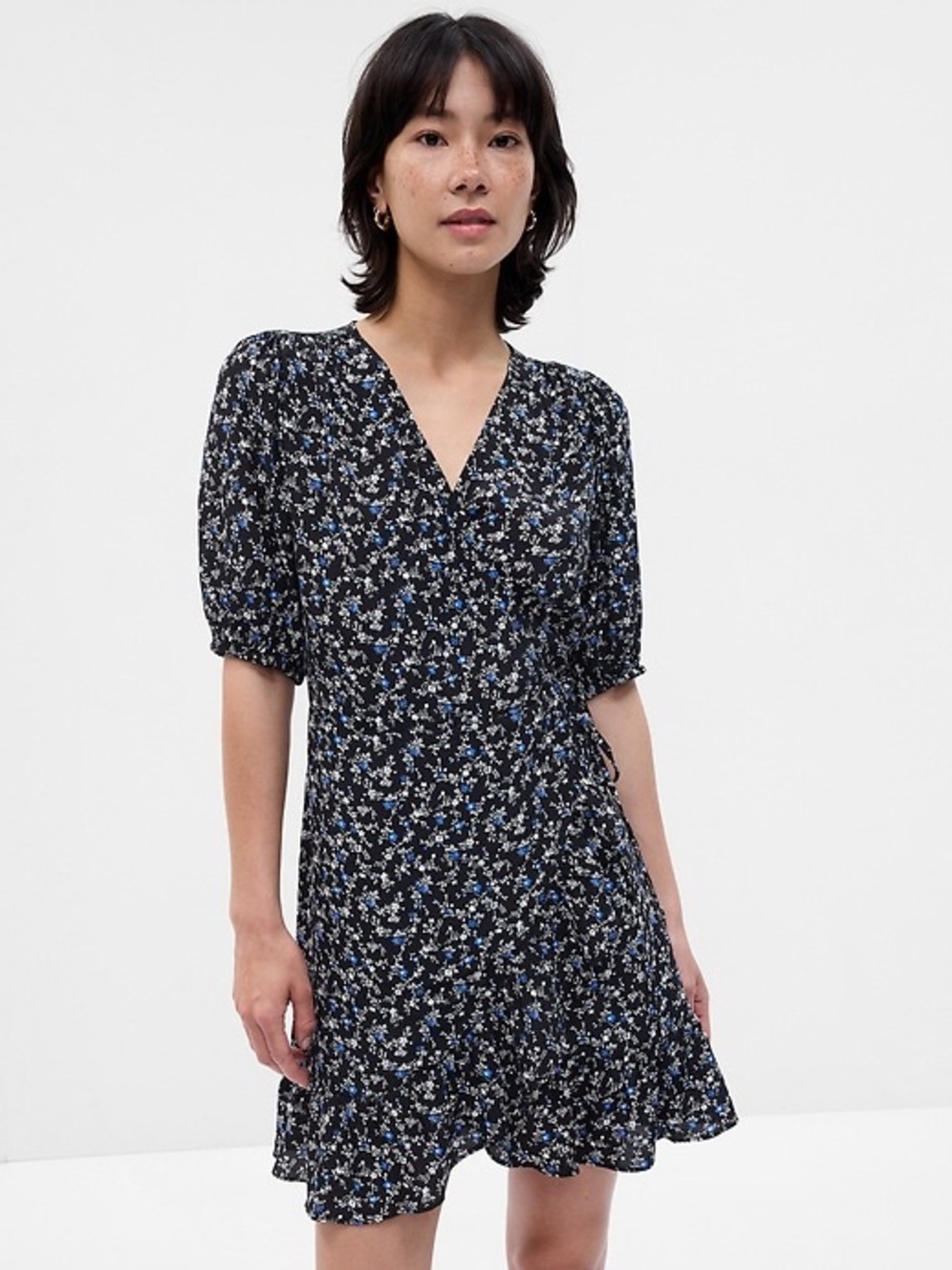 GAP black floral wrap mini dress M